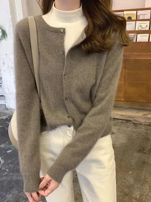 Women’s Crew Neck Button Cardigan Sweater – Minimalist Knit