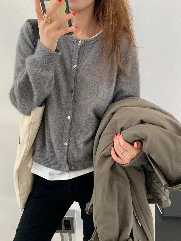 Women’s Crew Neck Button Cardigan Sweater – Minimalist Knit