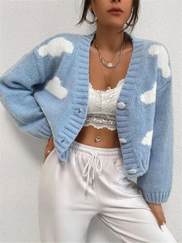 Women’s Cropped Graphic Cardigan Sweater – V-Neck Knit