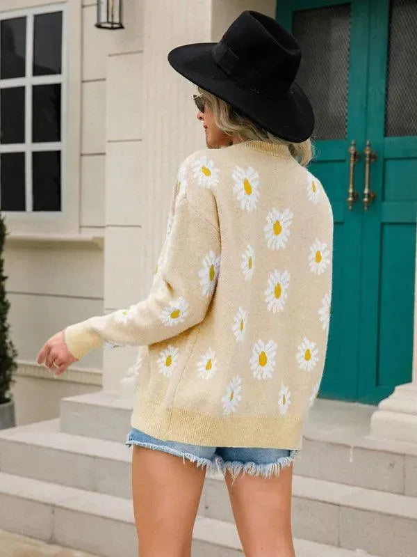 Women’s Daisy Knit Cardigan Sweater – V-Neck Button