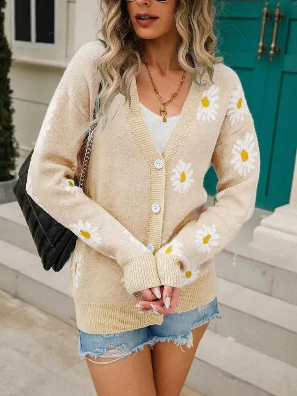 Women’s Daisy Knit Cardigan Sweater – V-Neck Button