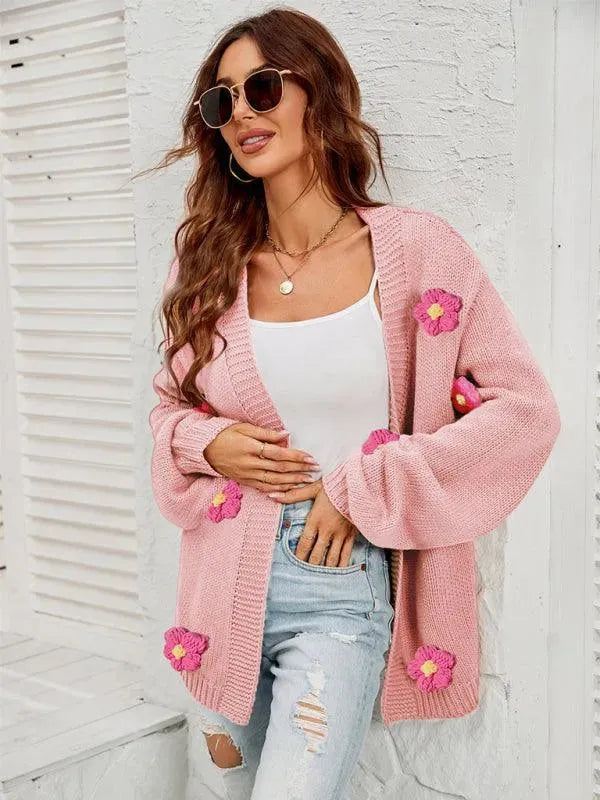 Women’s Floral Lantern Sleeve Cardigan Sweater – V-Neck Knit