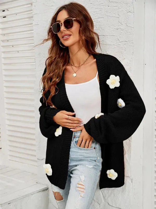 Women’s Floral Lantern Sleeve Cardigan Sweater – V-Neck Knit
