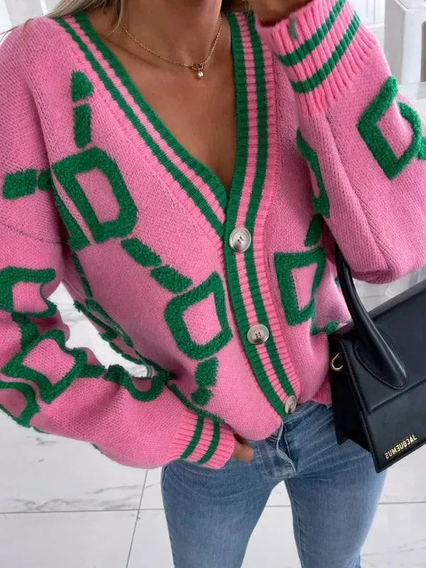 Women’s Geometric Drop-Sleeve Cardigan Sweater – V-Neck Knit