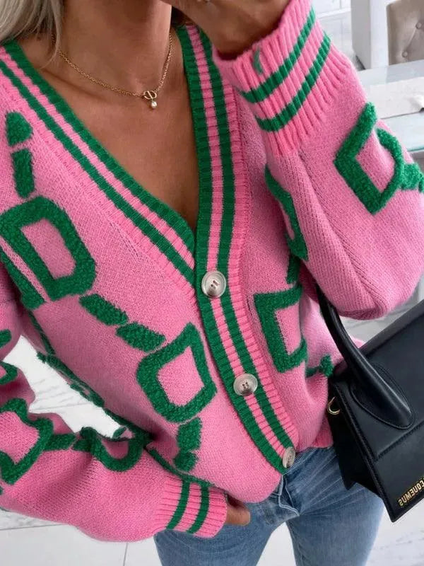 Women’s Geometric Drop-Sleeve Cardigan Sweater – V-Neck Knit