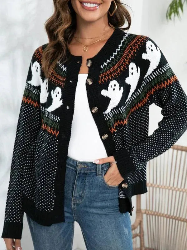 Women’s Halloween Polka Dot Cardigan Sweater – Crew Neck Knit