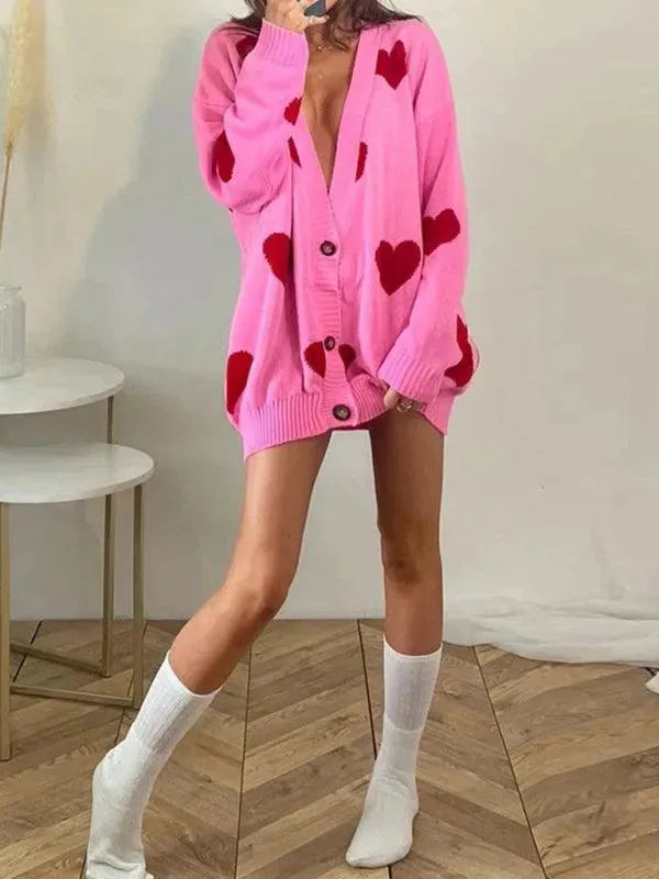 Women’s Heart Jacquard V-Neck Cardigan Sweater – Relaxed Fit