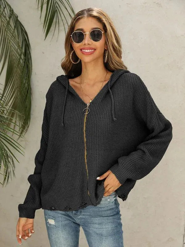 Women’s Hooded Full-Zip Cardigan Sweater – All-Season Acrylic Knit