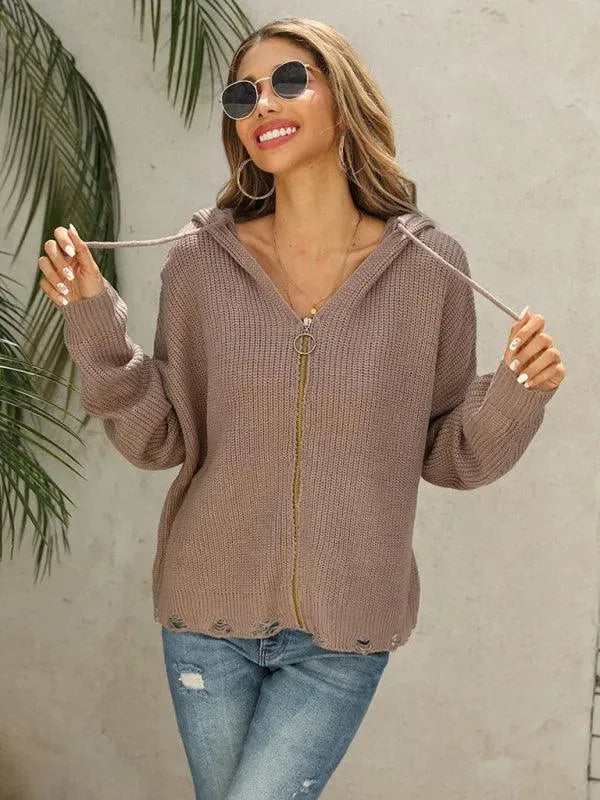 Women’s Hooded Full-Zip Cardigan Sweater – All-Season Acrylic Knit
