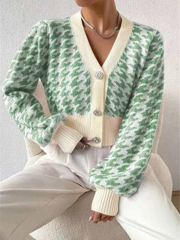Women’s Houndstooth Cropped Cardigan Sweater – V-Neck