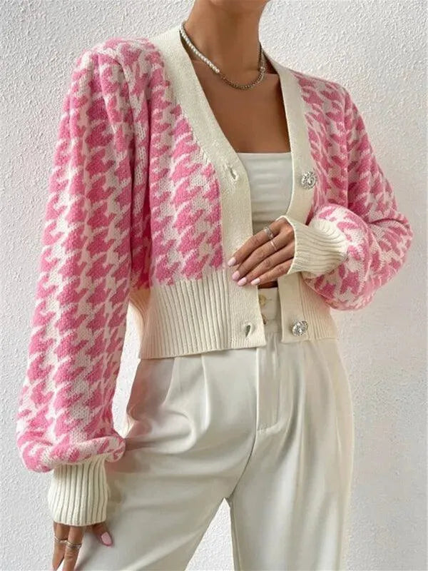 Women’s Houndstooth Cropped Cardigan Sweater – V-Neck