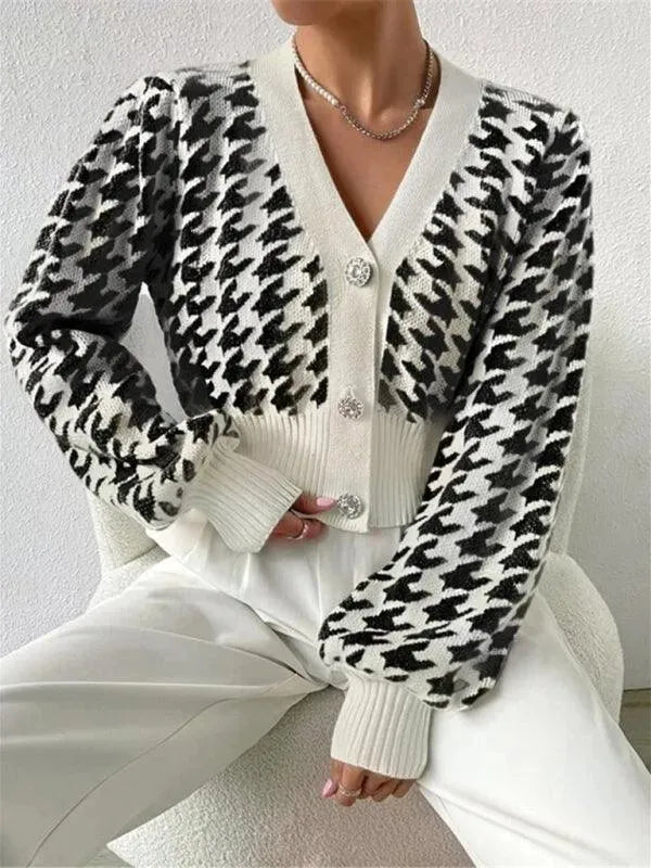 Women’s Houndstooth Cropped Cardigan Sweater – V-Neck
