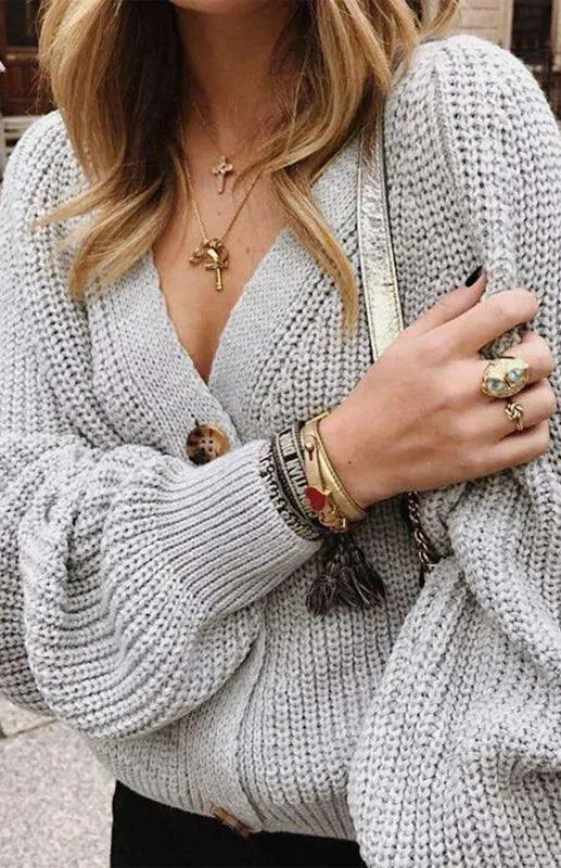 Women’s Lantern Sleeve V-Neck Cardigan Sweater – Button Knit