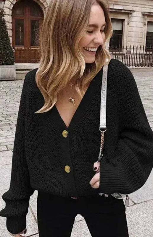 Women’s Lantern Sleeve V-Neck Cardigan Sweater – Button Knit