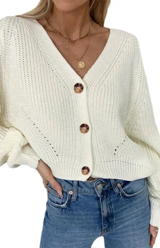 Women’s Lantern Sleeve V-Neck Cardigan Sweater – Button Knit