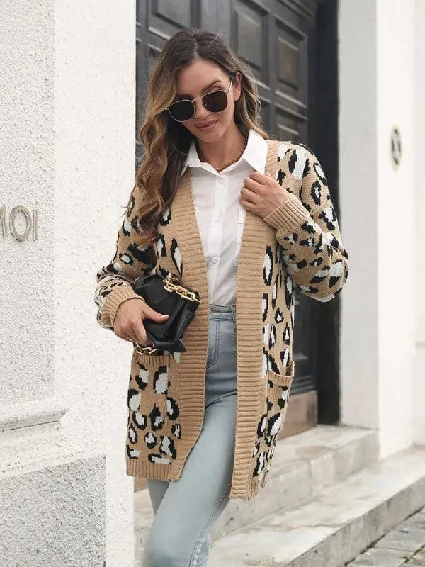 Women’s Leopard Jacquard Cardigan Sweater – Longline Fall/Winter Knit