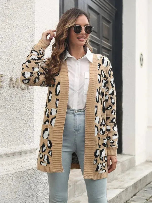 Women’s Leopard Jacquard Cardigan Sweater – Longline Fall/Winter Knit