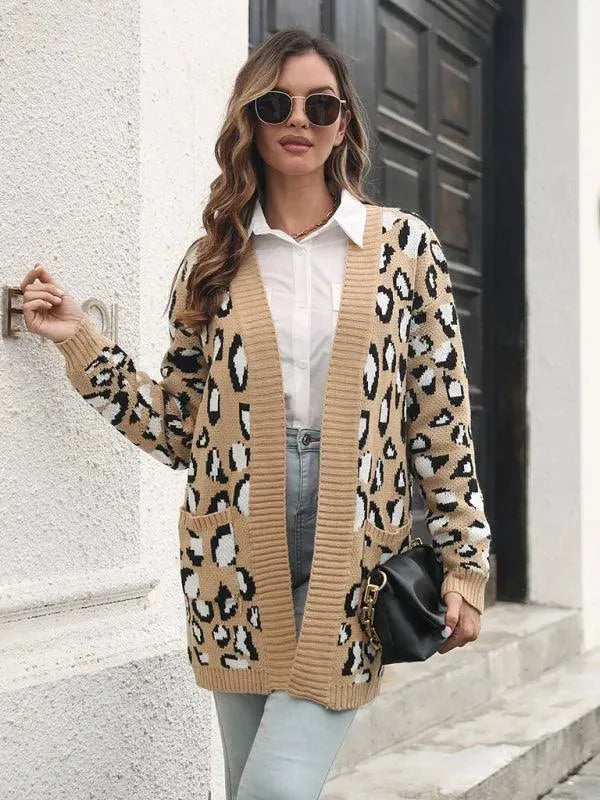 Women’s Leopard Jacquard Cardigan Sweater – Longline Fall/Winter Knit