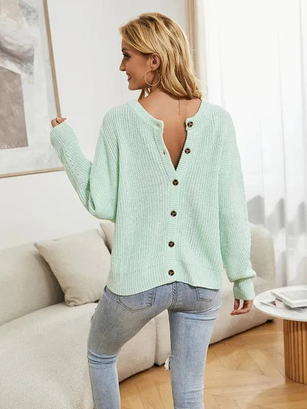 Women's Open Knit Crew Neck Button Cardigan Sweater
