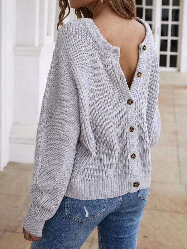 Women's Open Knit Crew Neck Button Cardigan Sweater