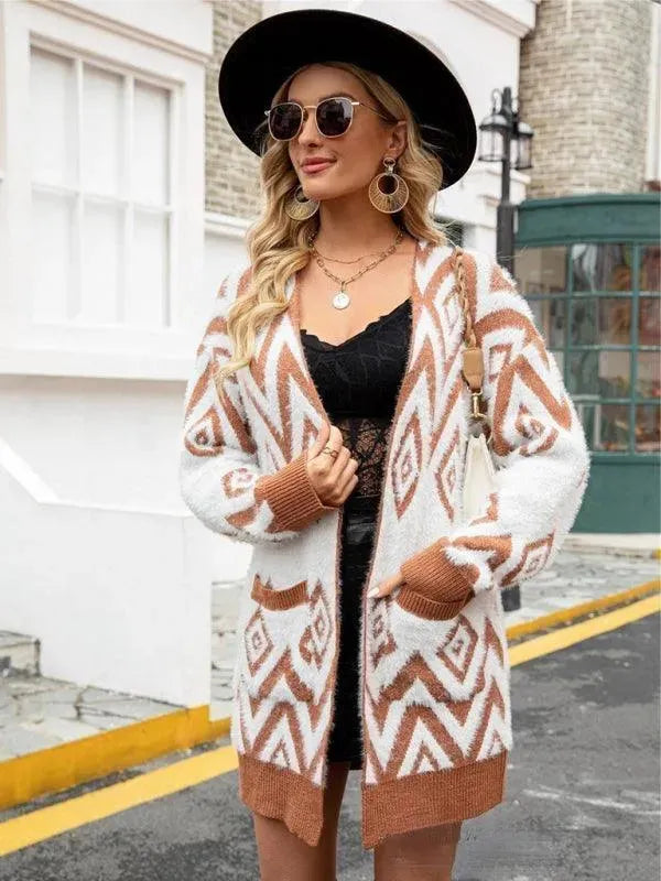 Women's Retro Diamond Longline Cardigan Sweater