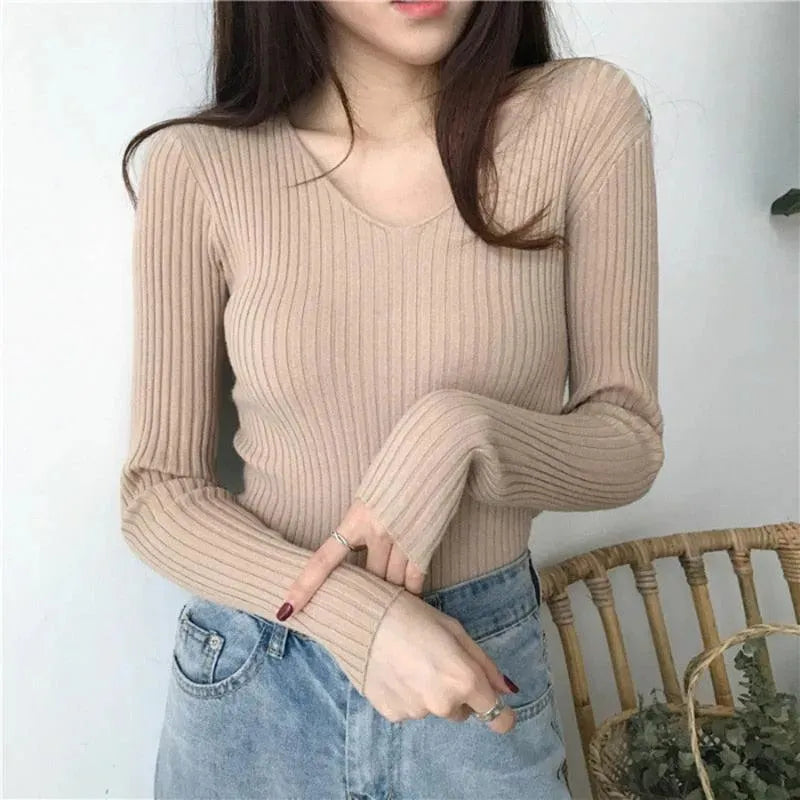 Women’s Slim Fit V-Neck Pullover Sweater – Ribbed