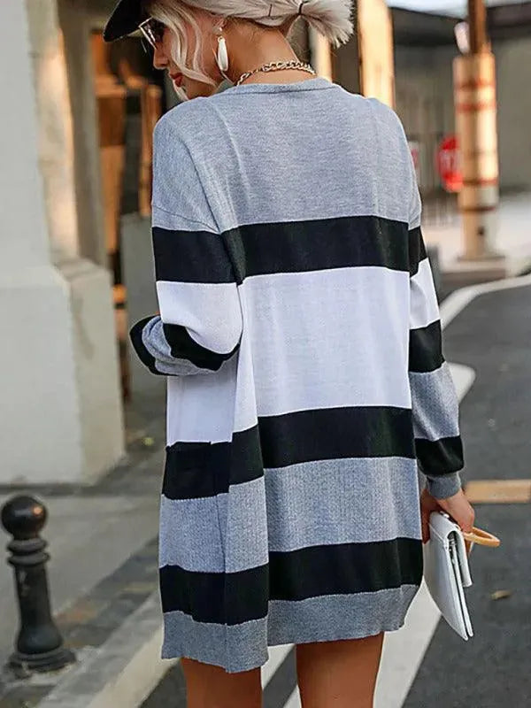 Women’s Striped Longline Cardigan Sweater – V-Neck Button Fall/Winter