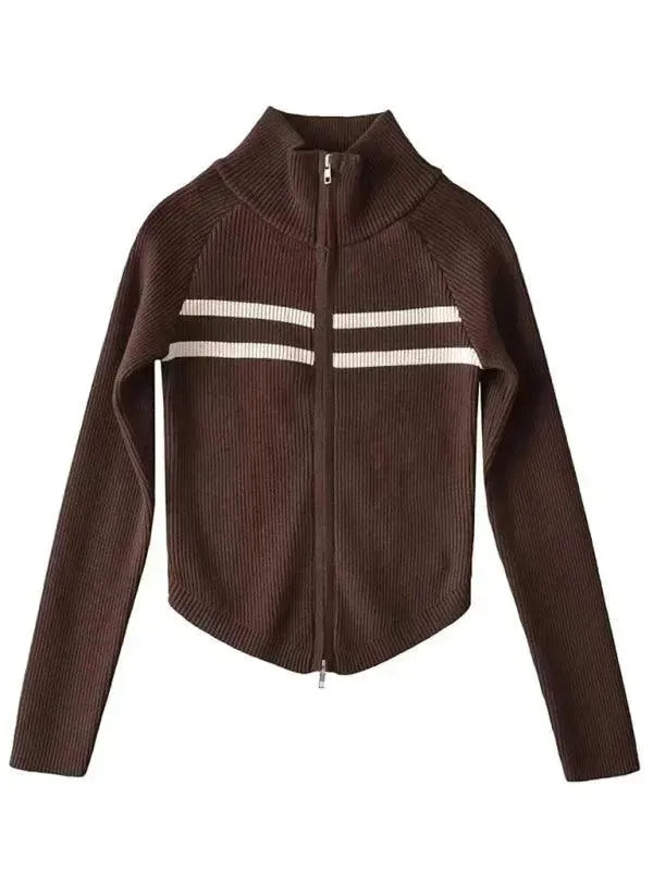 Women’s Zip Mock-Neck Cardigan Sweater – Striped Knit