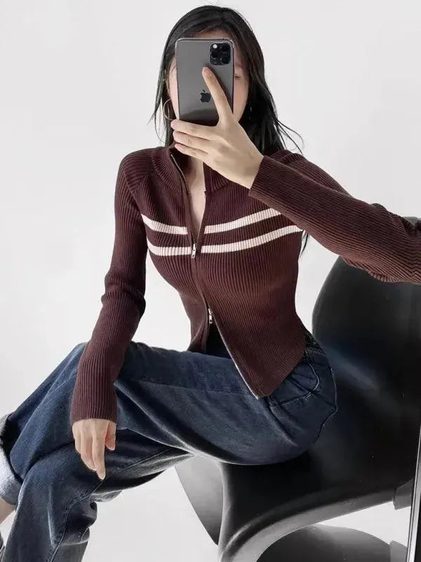 Women’s Zip Mock-Neck Cardigan Sweater – Striped Knit