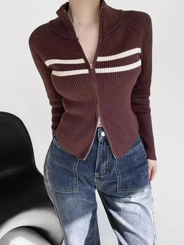 Women’s Zip Mock-Neck Cardigan Sweater – Striped Knit