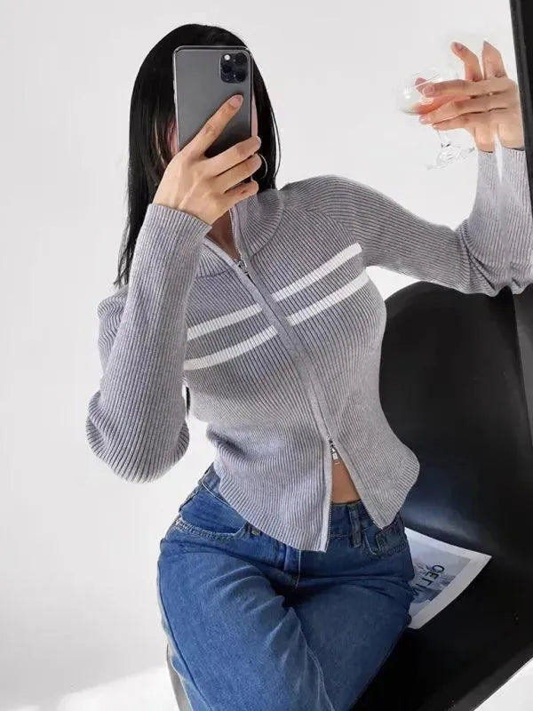 Women’s Zip Mock-Neck Cardigan Sweater – Striped Knit