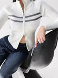 Women’s Zip Mock-Neck Cardigan Sweater – Striped Knit