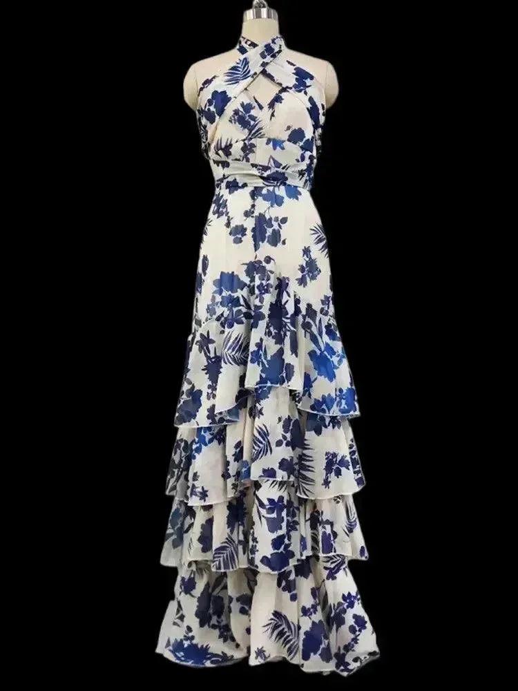 A-line Maxi Dress with Halter Neck and Sleeveless Layers fashion image