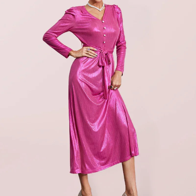 A-line Midi Dress with V-Neck and Tie Waist fashion image