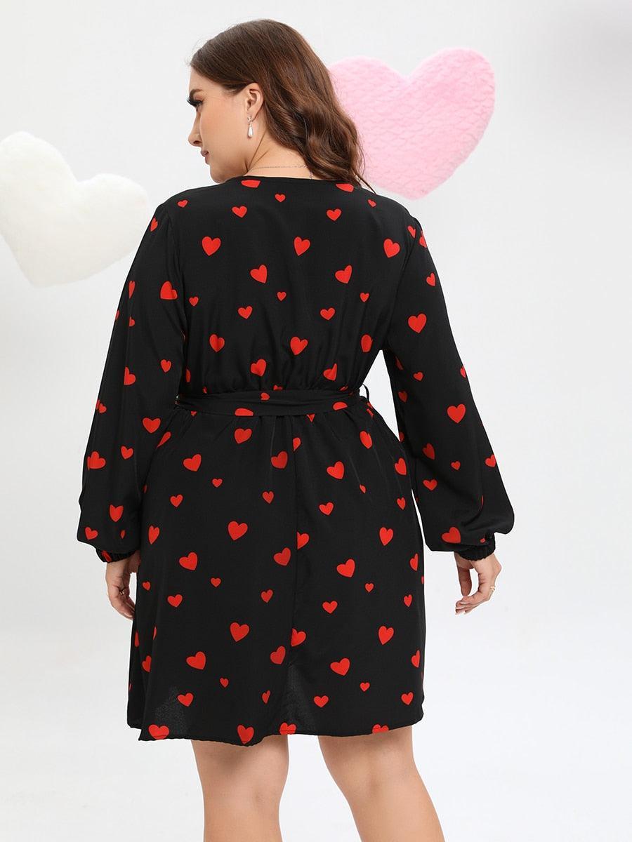 Allover Heart Print Belted Midi Dress - Dress - LeStyleParfait