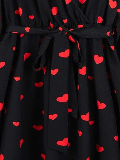 Allover Heart Print Belted Midi Dress - Dress - LeStyleParfait