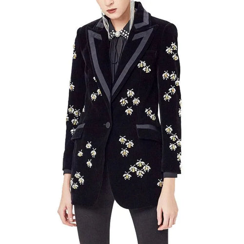 Bees Beaded Velvet Blazer Women - Casual - Printed - Velvet Blazer - LeStyleParfait