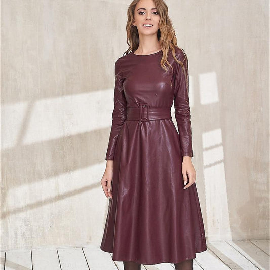 Belted Leather Dress For Women - Midi Dress - LeStyleParfait
