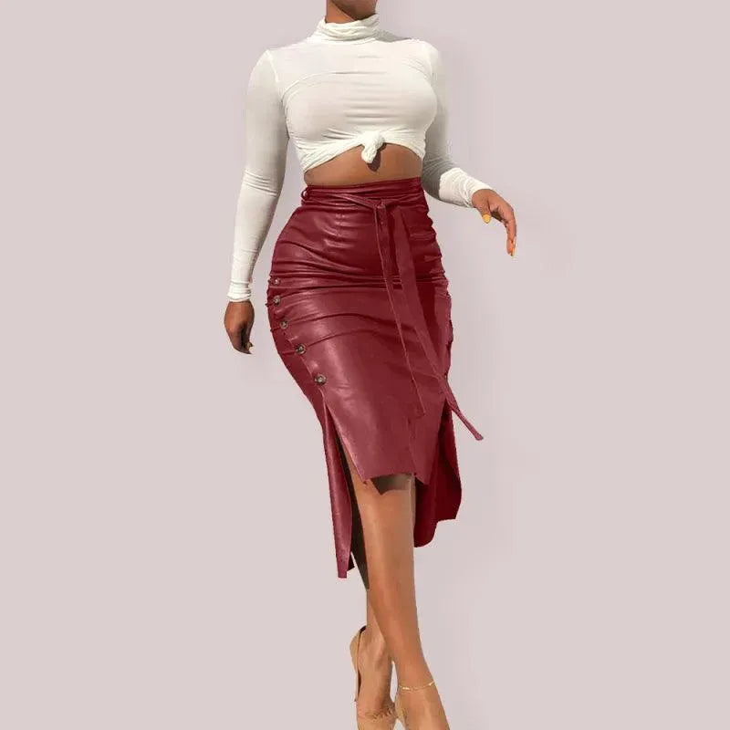 Belted Leather Pencil Midi Skirt with Slit - Leather Pencil Skirt - LeStyleParfait