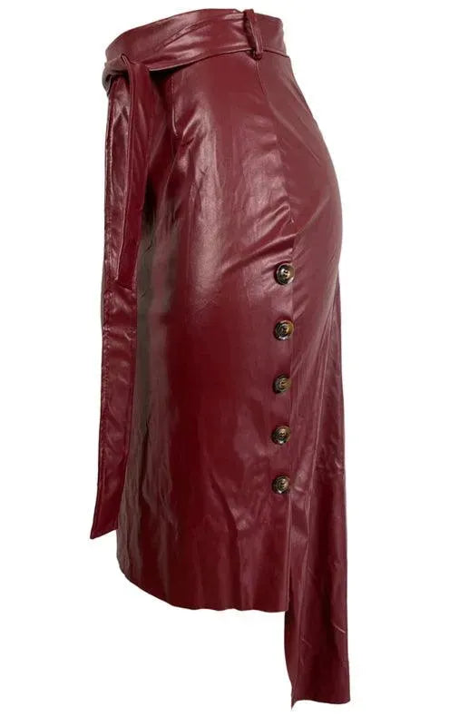 Belted Leather Pencil Midi Skirt with Slit - Leather Pencil Skirt - LeStyleParfait