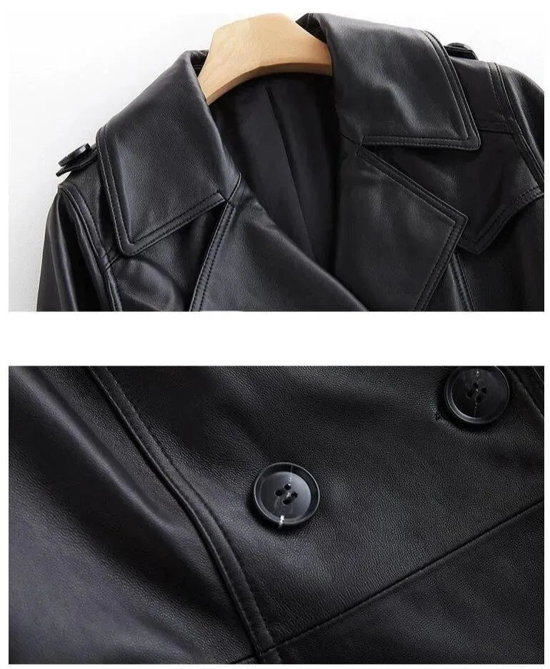 Black Lapel Leather Trench Coat for Women - Trench Coat - LeStyleParfait