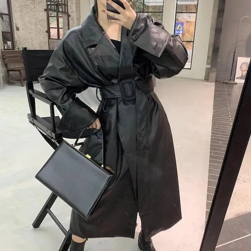 Black Oversized Leather Trench Coat for Women - Trench Coat - LeStyleParfait