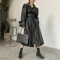 Black Oversized Leather Trench Coat for Women - Trench Coat - LeStyleParfait