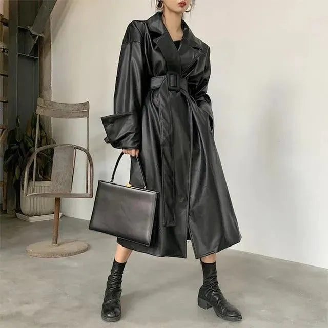Black Oversized Leather Trench Coat for Women - Trench Coat - LeStyleParfait