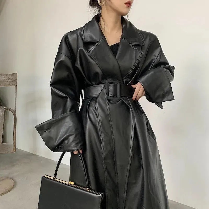 Black Oversized Leather Trench Coat for Women - Trench Coat - LeStyleParfait