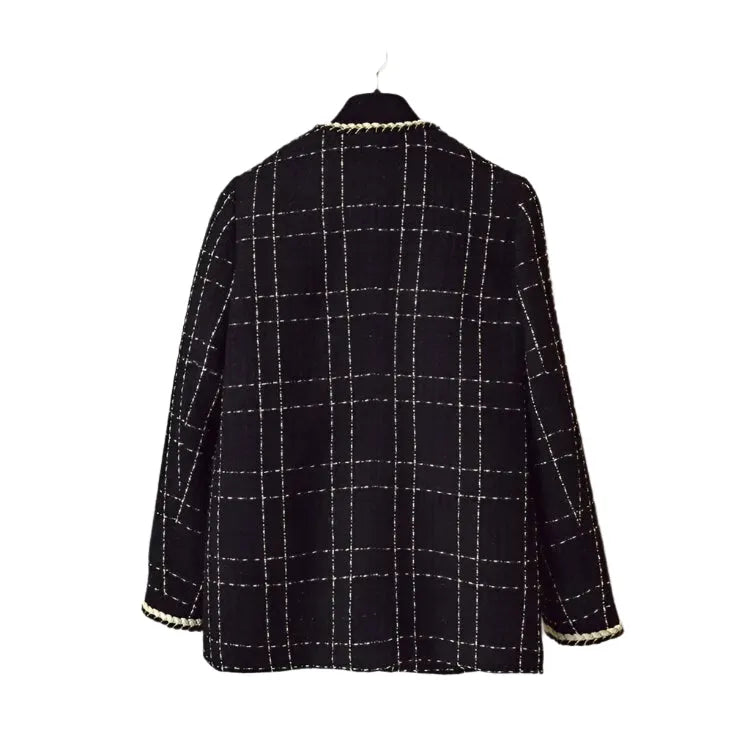 Black V-Neck Plaid Tweed Coat Women - Tweed Coat - LeStyleParfait