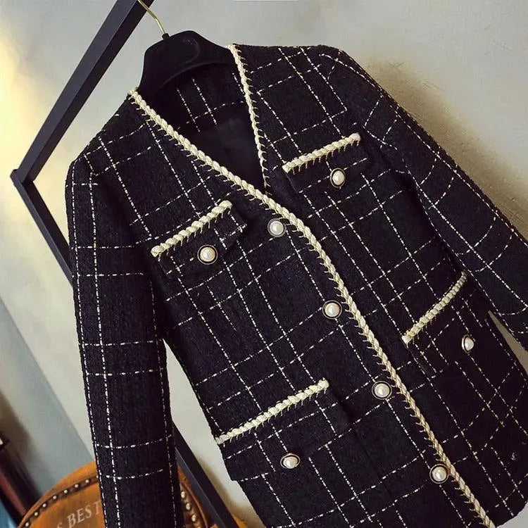Black V-Neck Plaid Tweed Coat Women - Tweed Coat - LeStyleParfait