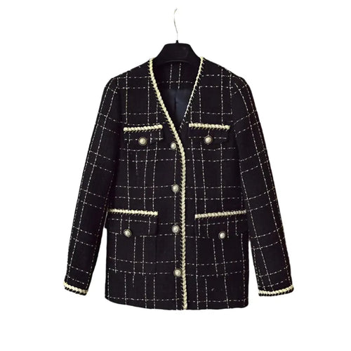 Black V-Neck Plaid Tweed Coat Women - Tweed Coat - LeStyleParfait