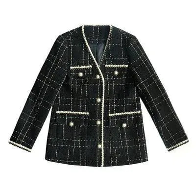 Black V-Neck Plaid Tweed Coat Women - Tweed Coat - LeStyleParfait
