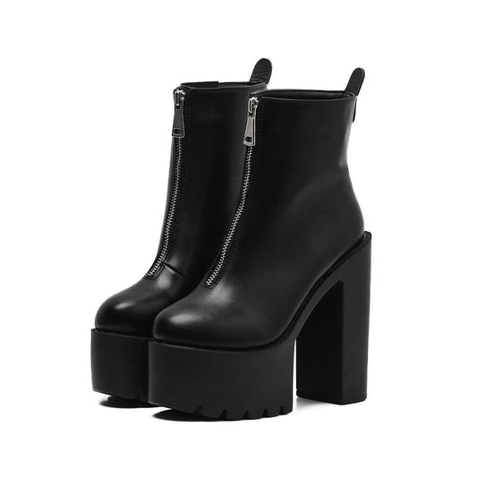 Black Zipper Platform Heel Boots - Boots - LeStyleParfait